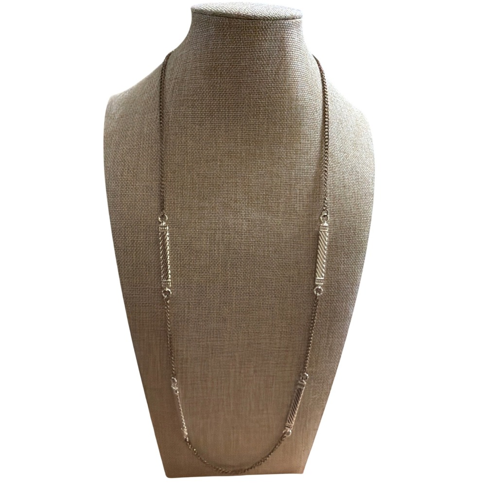 Silver Tone Long Station Necklace Textured Ribbed Bar Curb Chain Elegant